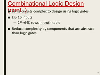 Combinational Logic Design
(cont..)■ Large circuits complex to design using logic gates
■ Eg- 16 inputs
– 216=64K rows in truth table
■ Reduce complexity by components that are abstract
than logic gates
14
 
