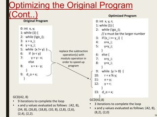 Optimizing the Original Program
(Cont..)
39
0: int x, y;
1: while (1) {
2: while (!go_i);
3: x = x_i;
4: y = y_i;
5: while (x != y) {
6: if (x < y)
7: y = y - x;
else
8: x = x - y;
}
9: d_o = x;
}
0: int x, y, r;
1: while (1) {
2: while (!go_i);
// x must be the larger number
3: if (x_i >= y_i) {
4: x=x_i;
5: y=y_i;
}
6: else {
7: x=y_i;
8: y=x_i;
}
9: while (y != 0) {
10: r = x % y;
11: x = y;
12: y = r;
}
13: d_o = x;
}
Original Program
Optimized Program
replace the subtraction
operation(s) with
modulo operation in
order to speed up
program
GCD(42, 8)
• 9 iterations to complete the loop
• x and y values evaluated as follows : (42, 8),
(34, 8), (26,8), (18,8), (10, 8), (2,8), (2,6),
(2,4), (2,2).
GCD(42,8)
• 3 iterations to complete the loop
• x and y values evaluated as follows: (42, 8),
(8,2), (2,0)
 