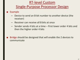 RT-level Custom
Single-Purpose Processor Design
■ Example
– Device to send an 8-bit number to another device (the
receiver)
– Receiver can receive all 8 bits at once
– Sender sends 4 bits at a time – First lower order 4 bits and
then the higher order 4 bits
■ Bridge should be designed that will enable the 2 devices to
communicate
47
 