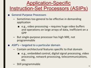 Application-Specific
Instruction-Set Processors (ASIPs)
80
■ General-Purpose Processors
– Sometimes too general to be effective in demanding
application
■ e.g., video processing – requires huge video buffers
and operations on large arrays of data, inefficient on a
GPP
– But single-purpose processor has high NRE, not
programmable
■ ASIP’s – targeted to a particular domain
– Contain architectural features specific to that domain
■ e.g., embedded control, digital signal processing, video
processing, network processing, telecommunications,
etc.
– Still programmable
 