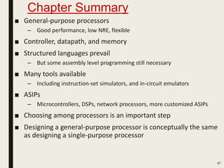 Chapter Summary
87
■ General-purpose processors
– Good performance, low NRE, flexible
■ Controller, datapath, and memory
■ Structured languages prevail
– But some assembly level programming still necessary
■ Many tools available
– Including instruction-set simulators, and in-circuit emulators
■ ASIPs
– Microcontrollers, DSPs, network processors, more customized ASIPs
■ Choosing among processors is an important step
■ Designing a general-purpose processor is conceptually the same
as designing a single-purpose processor
 