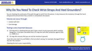 Why Do You Need To Check Wrist-Straps And Heel Grounders?
• Contact with skin
• Cord damage
Failures can occur through:
Telephone: 01793 511000 Email: sales@bondline.co.uk Website: www.bondline.co.uk
Unit 4,Rivermead Drive, Rivermead Industrial
Estate, Swindon, Wiltshire, SN5 7EX UK
You are checking the continuity of the path through to earth from the person. It also measures the resistance through the hand
and ground to ensure that it has a resistor in and protects the wearer.
a) 0.9 meg-ohm is checking that you don’t have a short circuit to ground, which could be
dangerous. It has been calculated that 0.75 meg-ohm will offer protection against 250v
a.c. (500v d.c.).
b) 35 meg-ohm ensures that you are not too resistive to ground.
If you fail a test, don’t try and fiddle it, find out what’s wrong. For example, Damaged? Dirty?
Dry skin? No resistor?
Cheating the test is your responsibility.
Testing is very important because:
 