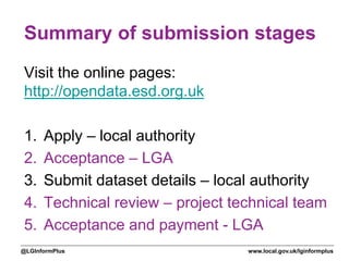 www.local.gov.uk/lginformplus@LGInformPlus
Summary of submission stages
Visit the online pages:
http://opendata.esd.org.uk
1. Apply – local authority
2. Acceptance – LGA
3. Submit dataset details – local authority
4. Technical review – project technical team
5. Acceptance and payment - LGA
 