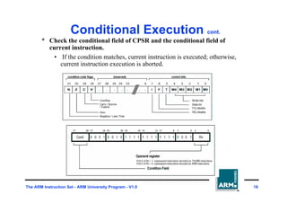 The ARM Instruction Set - ARM University Program - V1.0 18
Conditional Execution cont.
* Check the conditional field of CPSR and the conditional field of
current instruction.
• If the condition matches, current instruction is executed; otherwise,
current instruction execution is aborted.
 