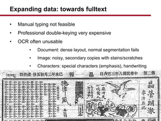 Expanding data: towards fulltext
? Manual typing not feasible
? Professional double-keying very expensive
? OCR often unusable
? Document: dense layout, normal segmentation fails
? Image: noisy, secondary copies with stains/scratches
? Characters: special characters (emphasis), handwriting
 