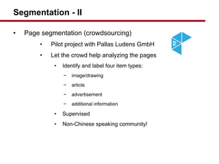 Segmentation - II
? Page segmentation (crowdsourcing)
? Pilot project with Pallas Ludens GmbH
? Let the crowd help analyzing the pages
? Identify and label four item types:
? image/drawing
? article
? advertisement
? additional information
? Supervised
? Non-Chinese speaking community!
 