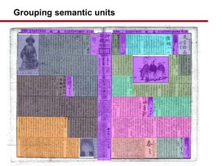 Grouping semantic units
2. Page segmentation (crowdsourcing)
? drawing C correcting C grouping
 