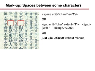 Mark-up: Spaces between some characters
<space unit="chars" n="1"/>
OR
<gap unit="char" extent="1"> </gap>
(with   being U+3000)
OR
just use U+3000 without markup
 