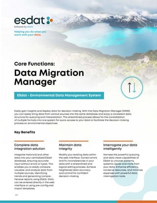 11
Easily gain insights and display data for decision-making. With the Data Migration Manager (DMM),
you can easily bring data from various sources into the same database and enjoy a consistent data
structure for querying and interpretation. This streamlined process allows for the consolidation
of multiple formats into one system for quick access to your data to facilitate the decision-making
process on environmental objectives.
Core Functions:
Data Migration
Manager
Key Benefits
Complete data
integration solution
Maintain data
integrity
Interrogate your data
intelligently
Integrate historical and other
data into your centralized ESdat
database, ensuring accurate
input without errors or typos. This
enables you to easily compare,
visualize, and analyze data from
multiple sources, identifying
trends and generating compre-
hensive reports using ESdat. Data
can be entered directly in the web
interface or using pre-configured
import templates.
Modify your existing data within
the web interface. Correct errors
and fix inconsistencies in your
data with a streamlined and
logical editing process. Achieve
heightened data accuracy
and control for confident
decision-making.
Harness the powerful querying
and data views capabilities of
ESdat to uncover patterns,
systemic issues and more from
your data. Enhance efficiency,
conserve resources, and minimize
expenses with powerful data
interrogation tools.
Software by
ESdat - Environmental Data Management System
Helping you do what you
want with your data.
 