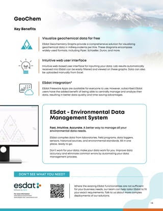 14
Visualize geochemical data for free
Intuitive web user interface
ESdat integration*
ESdat Geochemistry Graphs provide a comprehensive solution for visualizing
geochemical data in milliequivalents per litre. These diagrams encompass
widely-used formats, including Piper, Schoeller, Durov, and more.
Intuitive web-based user interface for inputting your data. Lab results automatically
received into ESdat can be easily filtered and viewed on these graphs. Data can also
be uploaded manually from Excel.
ESdat Freeware Apps are available for everyone to use. However, subscribed ESdat
users have the added benefit of being able to centrally manage and analyze their
data, resulting in better data quality and time-saving advantages.
DON’T SEE WHAT YOU NEED?
For more information
www.escis.com/contact
www.esdat.net | www.escis.com
Software by
Where the existing ESdat functionalities are not sufficient
for your business needs, our team can help tailor ESdat to fit
your exact requirements. Talk to us about more complex
deployments of our solutions.
Key Benefits
GeoChem
ESdat compiles data from laboratories, field programs, data loggers,
sensors, historical sources, and environmental standards. All in one
place, ready to go.
Don’t work for your data; make your data work for you. Improve data
accuracy and eliminate common errors by automating your data
management process.
Fast. Intuitive. Accurate. A better way to manage all your
environmental data needs.
ESdat - Environmental Data
Management System
 
