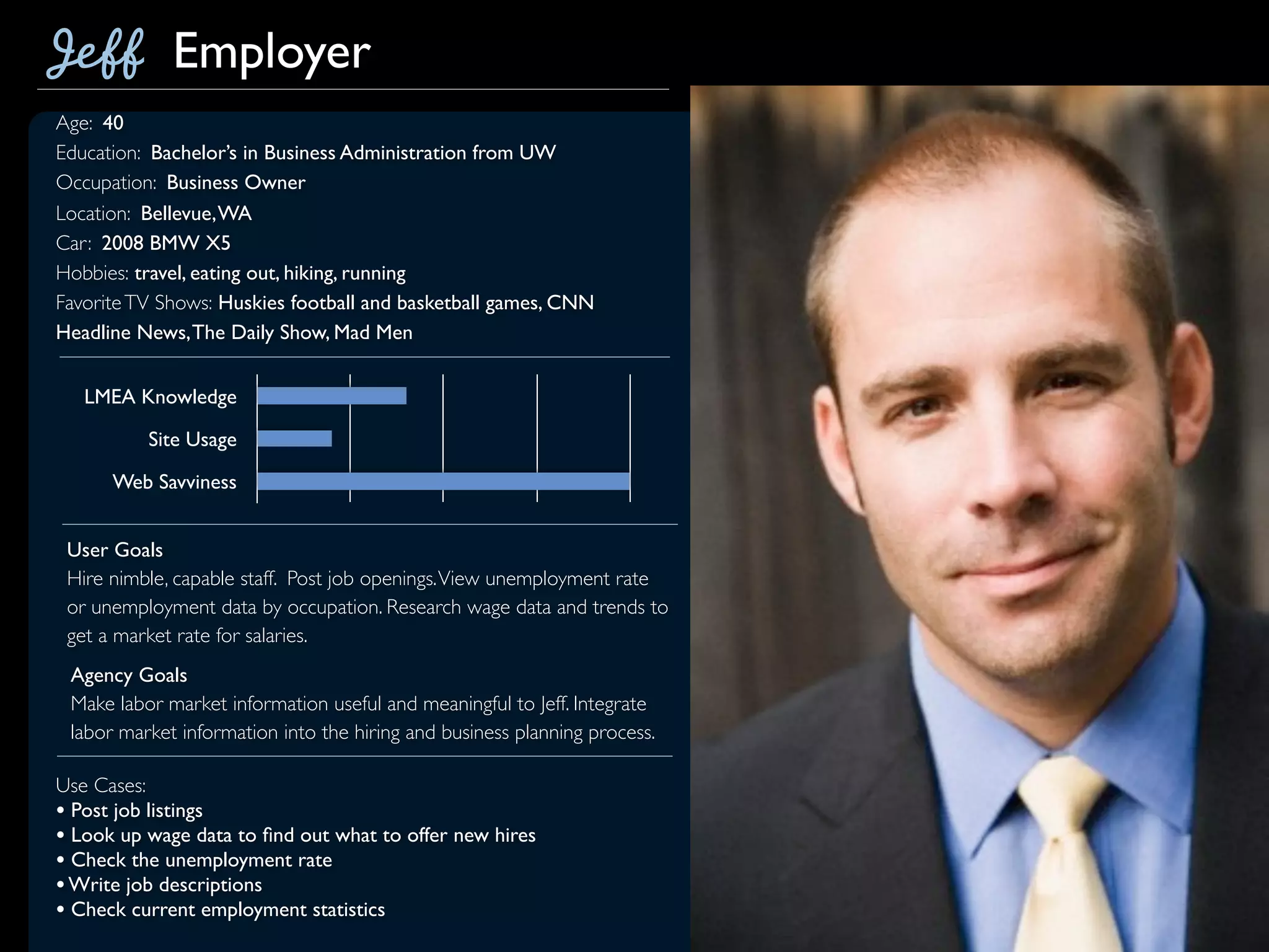 Employer
Age: 40
Education: Bachelor’s in Business Administration from UW
Occupation: Business Owner
Location: Bellevue, WA
Car: 2008 BMW X5
Hobbies: travel, eating out, hiking, running
Favorite TV Shows: Huskies football and basketball games, CNN
Headline News, The Daily Show, Mad Men


   LMEA Knowledge

          Site Usage

      Web Savviness


 User Goals
 Hire nimble, capable staff. Post job openings. View unemployment rate
 or unemployment data by occupation. Research wage data and trends to
 get a market rate for salaries.
 Agency Goals
 Make labor market information useful and meaningful to Jeff. Integrate
 labor market information into the hiring and business planning process.

Use Cases:
• Post job listings
• Look up wage data to ﬁnd out what to offer new hires
• Check the unemployment rate
• Write job descriptions
• Check current employment statistics
 