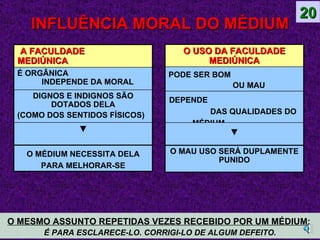 INFLUÊNCIA MORAL DO MÉDIUM O MESMO ASSUNTO REPETIDAS VEZES RECEBIDO POR UM MÉDIUM:   É PARA ESCLARECE-LO. CORRIGI-LO DE ALGUM DEFEITO. 20 A FACULDADE  MEDIÚNICA  É ORGÂNICA  INDEPENDE DA MORAL DIGNOS E INDIGNOS SÃO DOTADOS DELA (COMO DOS SENTIDOS FÍSICOS)  ▼ O MÉDIUM NECESSITA DELA PARA MELHORAR-SE O USO DA FACULDADE MEDIÚNICA PODE SER BOM  OU MAU DEPENDE  DAS QUALIDADES DO MÉDIUM  ▼ O MAU USO SERÁ DUPLAMENTE PUNIDO 