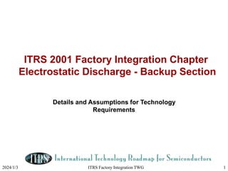 2024/1/3 ITRS Factory Integration TWG 1
ITRS 2001 Factory Integration Chapter
Electrostatic Discharge - Backup Section
Details and Assumptions for Technology
Requirements
 