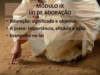 MÓDULO IX
LEI DE ADORAÇÃO
• Adoração: significado e objetivo
• A prece: importância, eficácia e ação
• Evangelho no lar
 