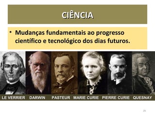 CIÊNCIACIÊNCIA
• Mudanças fundamentais ao progresso
científico e tecnológico dos dias futuros.
29
LE VERRIER DARWIN PASTEUR MARIE CURIE PIERRELE VERRIER DARWIN PASTEUR MARIE CURIE PIERRE CURIE QUESNAYCURIE QUESNAY
 