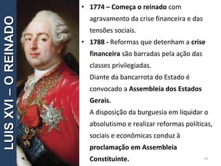 • 1774 – Começa o reinado com
agravamento da crise financeira e das
tensões sociais.
• 1788 - Reformas que detenham a crise
financeira são barradas pela ação das
classes privilegiadas.
Diante da bancarrota do Estado é
convocado a Assembleia dos Estados
Gerais.
A disposição da burguesia em liquidar o
absolutismo e realizar reformas políticas,
sociais e econômicas conduz à
proclamação em Assembleia
Constituinte. 19
LUISXVI–OREINADOLUISXVI–OREINADO
 