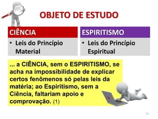 OBJETO DE ESTUDO
CIÊNCIA
• Leis do Princípio
Material
ESPIRITISMO
• Leis do Princípio
Espiritual
22
... a CIÊNCIA, sem o ESPIRITISMO, se
acha na impossibilidade de explicar
certos fenômenos só pelas leis da
matéria; ao Espiritismo, sem a
Ciência, faltariam apoio e
comprovação. (1)
 