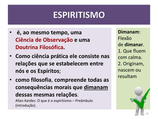 ESPIRITISMO
• é, ao mesmo tempo, uma
Ciência de Observação e uma
Doutrina Filosófica.
• Como ciência prática ele consiste nas
relações que se estabelecem entre
nós e os Espíritos;
• como filosofia, compreende todas as
consequências morais que dimanam
dessas mesmas relações.
Allan Kardec: O que é o espiritismo – Preâmbulo
(introdução).
Dimanam:
Flexão
de dimanar.
1. Que fluem
com calma.
2. Originam,
nascem ou
resultam
25
 