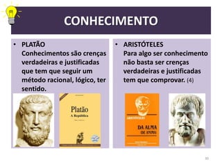 CONHECIMENTO
• PLATÃO
Conhecimentos são crenças
verdadeiras e justificadas
que tem que seguir um
método racional, lógico, ter
sentido.
• ARISTÓTELES
Para algo ser conhecimento
não basta ser crenças
verdadeiras e justificadas
tem que comprovar. (4)
30
 