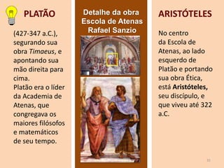 PLATÃO
(427-347 a.C.),
segurando sua
obra Timaeus, e
apontando sua
mão direita para
cima.
Platão era o líder
da Academia de
Atenas, que
congregava os
maiores filósofos
e matemáticos
de seu tempo.
ARISTÓTELES
No centro
da Escola de
Atenas, ao lado
esquerdo de
Platão e portando
sua obra Ética,
está Aristóteles,
seu discípulo, e
que viveu até 322
a.C.
31
Detalhe da obra
Escola de Atenas
Rafael Sanzio
 
