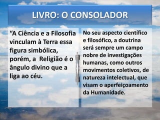 LIVRO: O CONSOLADOR
“A Ciência e a Filosofia
vinculam à Terra essa
figura simbólica,
porém, a Religião é o
ângulo divino que a
liga ao céu.
No seu aspecto científico
e filosófico, a doutrina
será sempre um campo
nobre de investigações
humanas, como outros
movimentos coletivos, de
natureza intelectual, que
visam o aperfeiçoamento
da Humanidade.
50
 