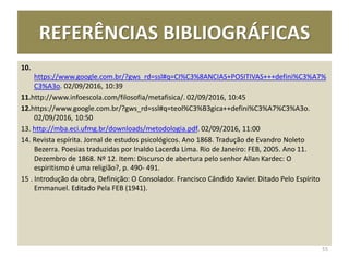 REFERÊNCIAS BIBLIOGRÁFICAS
10.
https://www.google.com.br/?gws_rd=ssl#q=CI%C3%8ANCIAS+POSITIVAS+++defini%C3%A7%
C3%A3o. 02/09/2016, 10:39
11.http://www.infoescola.com/filosofia/metafisica/. 02/09/2016, 10:45
12.https://www.google.com.br/?gws_rd=ssl#q=teol%C3%B3gica++defini%C3%A7%C3%A3o.
02/09/2016, 10:50
13. http://mba.eci.ufmg.br/downloads/metodologia.pdf. 02/09/2016, 11:00
14. Revista espírita. Jornal de estudos psicológicos. Ano 1868. Tradução de Evandro Noleto
Bezerra. Poesias traduzidas por Inaldo Lacerda Lima. Rio de Janeiro: FEB, 2005. Ano 11.
Dezembro de 1868. Nº 12. Item: Discurso de abertura pelo senhor Allan Kardec: O
espiritismo é uma religião?, p. 490- 491.
15 . Introdução da obra, Definição: O Consolador. Francisco Cândido Xavier. Ditado Pelo Espírito
Emmanuel. Editado Pela FEB (1941).
55
 