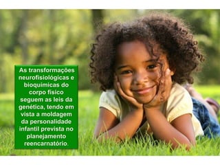 As transformações
neurofisiológicas e
bioquímicas do
corpo físico
seguem as leis da
genética, tendo em
vista a moldagem
da personalidade
infantil prevista no
planejamento
reencarnatório.
 