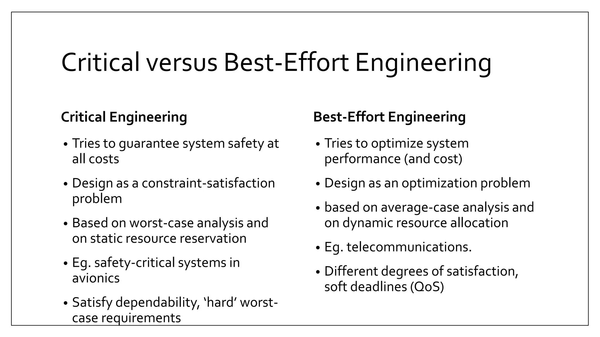 Critical versus Best-Effort Engineering
Critical Engineering
• Tries to guarantee system safety at
all costs
• Design as a constraint-satisfaction
problem
• Based on worst-case analysis and
on static resource reservation
• Eg. safety-critical systems in
avionics
• Satisfy dependability, ‘hard’ worst-
case requirements
Best-Effort Engineering
• Tries to optimize system
performance (and cost)
• Design as an optimization problem
• based on average-case analysis and
on dynamic resource allocation
• Eg. telecommunications.
• Different degrees of satisfaction,
soft deadlines (QoS)
 