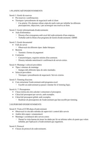 1-PLANIFICAIÓ D'ESDEVENIMENTS
Sessió 1: Gestió de reserves
• Pre-reserves i confirmacions
• Tècniques i procediments de negociació amb el client
◦ Cas pràctic: Els alumnes rebran cópia de mails reals per treballar les diferents
preocupacions, objeccions, i per aconseguir una reserva en ferm.
Sessió 2: Gestió informatitzada d'esdeveniments
• Aula d'informàtica
◦ Disseny d'un cronograma amb excel del esdeveniments d'una empresa.
◦ Treballar amb la Demo d'un programa de Gestió d'esdeveniments: EBMS
Sessió 3: Gestió documental
• Fulls de servei
◦ Observació de diferents tipus: dades bàsiques
• Bestreta
◦ Terminis i formes de pagament
• Contractes
◦ Característiques, requisits mínims d'un contracte.
◦ Disseny mètodes autorització i confirmació de serveis extres.
Sessió 4: Muntatge i selecció proveïdors
• Tipus i sistemes de muntatge
◦ Imatges dels diferents tipus de sales muntades.
• Selecció proveïdors
◦ Tècniques i procediments de negociació. Serveis externs.
Sessió 5: Timming d'accions
• Com estructurar l'esdeveniment amb programa excel.
◦ Escollir un esdeveniment ja passat i intentar fer el timming lògic.
Sessió 6 i 7: Pressupostos
• Classe teòrica de cóm calcular i estructurar el pressupost.
• Càlcul del pressupost per serveis, amb exemples.
• Càlcul del pressupost global, amb exemples.
◦ Realitzar els pressupostos de l'esdeveniment que han escollit per timming.
2-SUPERVISIÓ D'ESDEVENIMENTS
Sessió 8: Visita al CCIB abans d'esdeveniment
• Observació in situ dels mètodes de supervisió i control dels serveis
• Anàlisi dels espais i ornamentació
• Muntatge i coordinació dels serveis extres
◦ Durant la visita hauran de treure les dades per fer un informe sobre els punts que volem
treballar, per l'aplicació a l'esdeveniment que organitzin.
Sessió 9: Protocol
• Classes de protocol als esdeveniments.
 