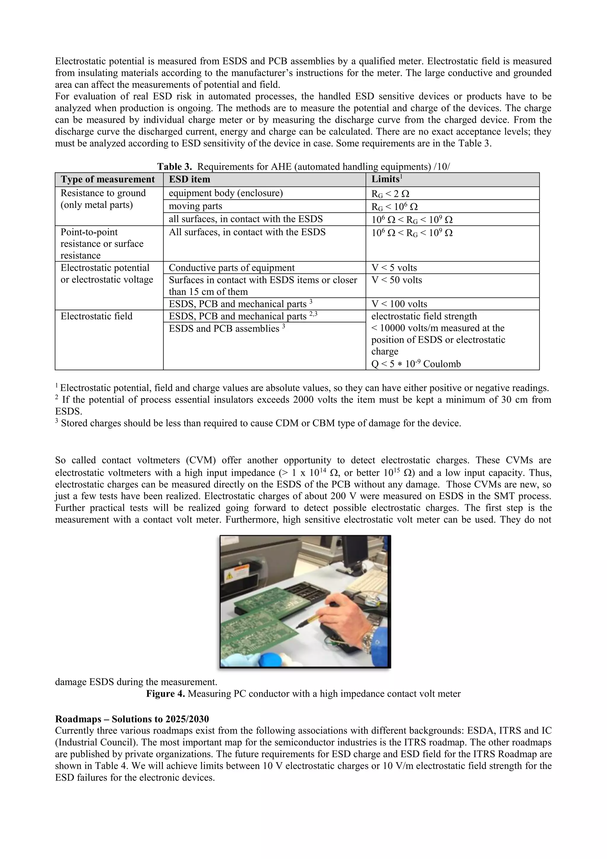 Electrostatic potential is measured from ESDS and PCB assemblies by a qualified meter. Electrostatic field is measured
from insulating materials according to the manufacturer’s instructions for the meter. The large conductive and grounded
area can affect the measurements of potential and field.
For evaluation of real ESD risk in automated processes, the handled ESD sensitive devices or products have to be
analyzed when production is ongoing. The methods are to measure the potential and charge of the devices. The charge
can be measured by individual charge meter or by measuring the discharge curve from the charged device. From the
discharge curve the discharged current, energy and charge can be calculated. There are no exact acceptance levels; they
must be analyzed according to ESD sensitivity of the device in case. Some requirements are in the Table 3.
Table 3. Requirements for AHE (automated handling equipments) /10/
Type of measurement ESD item Limits1
Resistance to ground
(only metal parts)
equipment body (enclosure) RG < 2 
moving parts RG < 106

all surfaces, in contact with the ESDS 106
 < RG < 109

Point-to-point
resistance or surface
resistance
All surfaces, in contact with the ESDS 106
 < RG < 109

Electrostatic potential
or electrostatic voltage
Conductive parts of equipment V < 5 volts
Surfaces in contact with ESDS items or closer
than 15 cm of them
V < 50 volts
ESDS, PCB and mechanical parts 3
V < 100 volts
Electrostatic field ESDS, PCB and mechanical parts 2,3
electrostatic field strength
< 10000 volts/m measured at the
position of ESDS or electrostatic
charge
Q < 5  10-9
Coulomb
ESDS and PCB assemblies 3
1
Electrostatic potential, field and charge values are absolute values, so they can have either positive or negative readings.
2
If the potential of process essential insulators exceeds 2000 volts the item must be kept a minimum of 30 cm from
ESDS.
3
Stored charges should be less than required to cause CDM or CBM type of damage for the device.
So called contact voltmeters (CVM) offer another opportunity to detect electrostatic charges. These CVMs are
electrostatic voltmeters with a high input impedance (> 1 x 1014
, or better 1015
) and a low input capacity. Thus,
electrostatic charges can be measured directly on the ESDS of the PCB without any damage. Those CVMs are new, so
just a few tests have been realized. Electrostatic charges of about 200 V were measured on ESDS in the SMT process.
Further practical tests will be realized going forward to detect possible electrostatic charges. The first step is the
measurement with a contact volt meter. Furthermore, high sensitive electrostatic volt meter can be used. They do not
damage ESDS during the measurement.
Figure 4. Measuring PC conductor with a high impedance contact volt meter
Roadmaps – Solutions to 2025/2030
Currently three various roadmaps exist from the following associations with different backgrounds: ESDA, ITRS and IC
(Industrial Council). The most important map for the semiconductor industries is the ITRS roadmap. The other roadmaps
are published by private organizations. The future requirements for ESD charge and ESD field for the ITRS Roadmap are
shown in Table 4. We will achieve limits between 10 V electrostatic charges or 10 V/m electrostatic field strength for the
ESD failures for the electronic devices.
 
