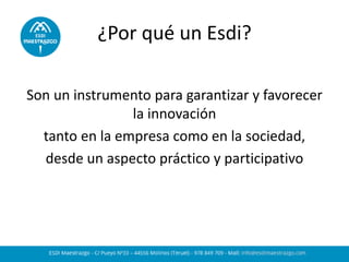 ¿Por qué un Esdi? 
Son un instrumento para garantizar y favorecer la innovación 
tanto en la empresa como en la sociedad, 
desde un aspecto práctico y participativo  