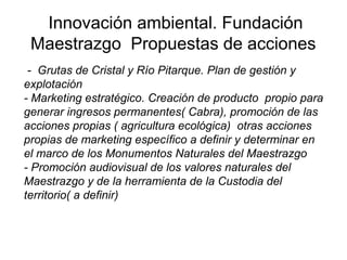 Innovación ambiental. Fundación
Maestrazgo Propuestas de acciones
- Grutas de Cristal y Río Pitarque. Plan de gestión y
explotación
- Marketing estratégico. Creación de producto propio para
generar ingresos permanentes( Cabra), promoción de las
acciones propias ( agricultura ecológica) otras acciones
propias de marketing específico a definir y determinar en
el marco de los Monumentos Naturales del Maestrazgo
- Promoción audiovisual de los valores naturales del
Maestrazgo y de la herramienta de la Custodia del
territorio( a definir)
 