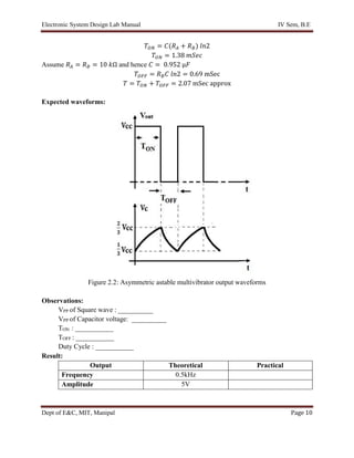 Electronic System Design Lab Manual IV Sem, B.E
Dept of E&C, MIT, Manipal Page 10
𝑇𝑂𝑁 = 𝐶(𝑅𝐴 + 𝑅𝐵) 𝑙𝑛2
𝑇𝑂𝑁 = 1.38 𝑚𝑆𝑒𝑐
Assume 𝑅𝐴 = 𝑅𝐵 = 10 𝑘Ω and hence 𝐶 = 0.952 µ𝐹
𝑇𝑂𝐹𝐹 = 𝑅𝐵𝐶 𝑙𝑛2 = 0.69 mSec
𝑇 = 𝑇𝑂𝑁 + 𝑇𝑂𝐹𝐹 = 2.07 mSec approx
Expected waveforms:
Figure 2.2: Asymmetric astable multivibrator output waveforms
Observations:
VPP of Square wave : __________
VPP of Capacitor voltage: __________
TON : ___________
TOFF : ___________
Duty Cycle : ___________
Result:
Output Theoretical Practical
Frequency 0.5kHz
Amplitude 5V
 
