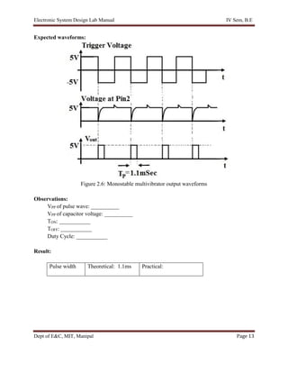 Electronic System Design Lab Manual IV Sem, B.E
Dept of E&C, MIT, Manipal Page 13
Expected waveforms:
Figure 2.6: Monostable multivibrator output waveforms
Observations:
VPP of pulse wave: __________
VPP of capacitor voltage: __________
TON: ___________
TOFF: ___________
Duty Cycle: ___________
Result:
Pulse width Theoretical: 1.1ms Practical:
 