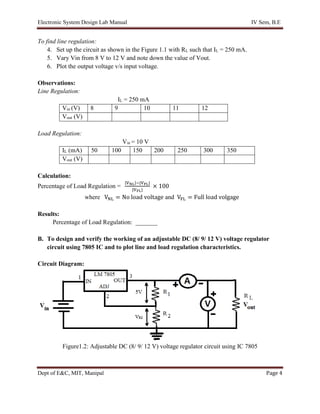 Electronic System Design Lab Manual IV Sem, B.E
Dept of E&C, MIT, Manipal Page 4
To find line regulation:
4. Set up the circuit as shown in the Figure 1.1 with RL such that IL = 250 mA.
5. Vary Vin from 8 V to 12 V and note down the value of Vout.
6. Plot the output voltage v/s input voltage.
Observations:
Line Regulation:
IL = 250 mA
Vin (V) 8 9 10 11 12
Vout (V)
Load Regulation:
Vin = 10 V
IL (mA) 50 100 150 200 250 300 350
Vout (V)
Calculation:
Percentage of Load Regulation =
|VNL|−|VFL|
|VFL|
× 100
where VNL = No load voltage and VFL = Full load volgage
Results:
Percentage of Load Regulation: _______
B. To design and verify the working of an adjustable DC (8/ 9/ 12 V) voltage regulator
circuit using 7805 IC and to plot line and load regulation characteristics.
Circuit Diagram:
Figure1.2: Adjustable DC (8/ 9/ 12 V) voltage regulator circuit using IC 7805
 