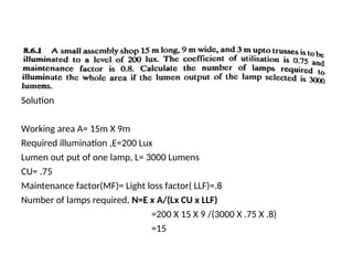 Solution
Working area A= 15m X 9m
Required illumination ,E=200 Lux
Lumen out put of one lamp, L= 3000 Lumens
CU= .75
Maintenance factor(MF)= Light loss factor( LLF)=.8
Number of lamps required, N=E x A/(Lx CU x LLF)
=200 X 15 X 9 /(3000 X .75 X .8)
=15
 