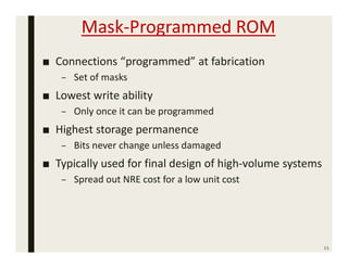 Mask-Programmed ROM
11
■ Connections “programmed” at fabrication
– Set of masks
■ Lowest write ability
– Only once it can be programmed
■ Highest storage permanence
– Bits never change unless damaged
■ Typically used for final design of high-volume systems
– Spread out NRE cost for a low unit cost
 