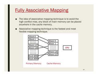 Fully Associative Mapping
■ The idea of associative mapping technique is to avoid the
high conflict miss, any block of main memory can be placed
anywhere in the cache memory.
■ Associative mapping technique is the fastest and most
flexible mapping technique.
34
 
