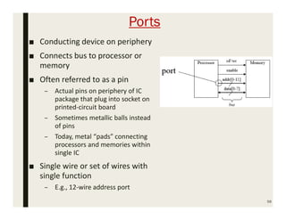 Ports
■ Conducting device on periphery
■ Connects bus to processor or
memory
■ Often referred to as a pin
– Actual pins on periphery of IC
package that plug into socket on
printed-circuit board
– Sometimes metallic balls instead
of pins
– Today, metal “pads” connecting
processors and memories within
single IC
■ Single wire or set of wires with
single function
– E.g., 12-wire address port
59
 