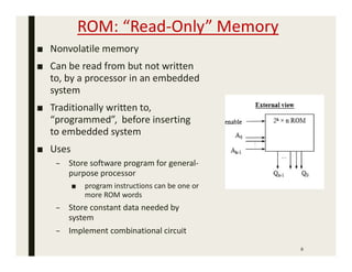 ROM: “Read-Only” Memory
8
■ Nonvolatile memory
■ Can be read from but not written
to, by a processor in an embedded
system
■ Traditionally written to,
“programmed”, before inserting
to embedded system
■ Uses
– Store software program for general-
purpose processor
■ program instructions can be one or
more ROM words
– Store constant data needed by
system
– Implement combinational circuit
 