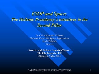 ESDP and Space:
The Hellenic Presidency’s initiatives in the
              Second Pillar

               Lt. Col. Alexander Kolovos
          National Center for Space Applications
                      HAFGS/MoD
                         Greece

         Security and Defence Aspects of Space:
                 The Challenges for EU
                  Athens, 8-9 May 2003




         NATIONAL CENTRE FOR SPACE APPLICATIONS    1
 