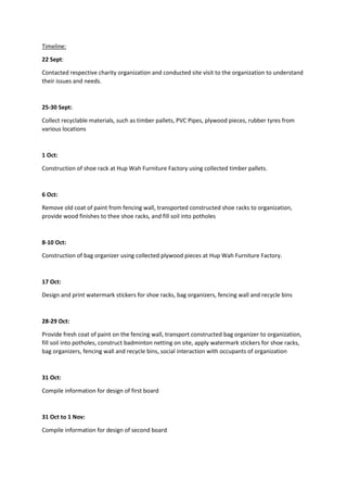Timeline:
22 Sept:
Contacted respective charity organization and conducted site visit to the organization to understand
their issues and needs.
25-30 Sept:
Collect recyclable materials, such as timber pallets, PVC Pipes, plywood pieces, rubber tyres from
various locations
1 Oct:
Construction of shoe rack at Hup Wah Furniture Factory using collected timber pallets.
6 Oct:
Remove old coat of paint from fencing wall, transported constructed shoe racks to organization,
provide wood finishes to thee shoe racks, and fill soil into potholes
8-10 Oct:
Construction of bag organizer using collected plywood pieces at Hup Wah Furniture Factory.
17 Oct:
Design and print watermark stickers for shoe racks, bag organizers, fencing wall and recycle bins
28-29 Oct:
Provide fresh coat of paint on the fencing wall, transport constructed bag organizer to organization,
fill soil into potholes, construct badminton netting on site, apply watermark stickers for shoe racks,
bag organizers, fencing wall and recycle bins, social interaction with occupants of organization
31 Oct:
Compile information for design of first board
31 Oct to 1 Nov:
Compile information for design of second board
 