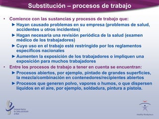 Substitución – procesos de trabajo
• Comience con las sustancias y procesos de trabajo que:
►Hayan causado problemas en su empresa (problemas de salud,
accidentes u otros incidentes)
►Hagan necesaria una revisión periódica de la salud (examen
médico de los trabajadores)
►Cuyo uso en el trabajo esté restringido por los reglamentos
específicos nacionales
►Aumenten la exposición de los trabajadores o impliquen una
exposición para muchos trabajadores
• Entre los procesos de trabajo a tener en cuenta se encuentran:
►Procesos abiertos, por ejemplo, pintado de grandes superficies,
la mezcla/combinación en contenedores/recipientes abiertos
►Procesos que generen polvo, vapores o humos, o que dispersen
líquidos en el aire, por ejemplo, soldadura, pintura a pistola.
 