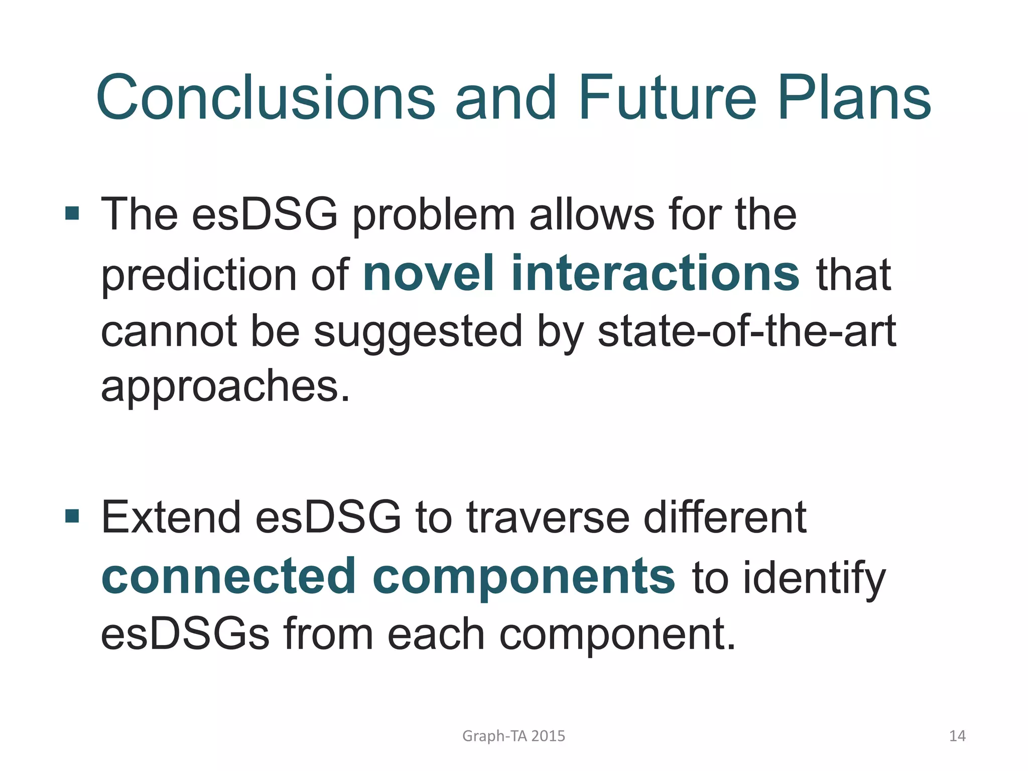 Conclusions and Future Plans
 The esDSG problem allows for the
prediction of novel interactions that
cannot be suggested by state-of-the-art
approaches.
 Extend esDSG to traverse different
connected components to identify
esDSGs from each component.
Graph-TA 2015 14
 