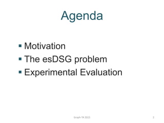 Agenda
 Motivation
 The esDSG problem
 Experimental Evaluation
Graph-TA 2015 2
 