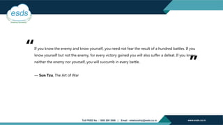 If you know the enemy and know yourself, you need not fear the result of a hundred battles. If you
know yourself but not the enemy, for every victory gained you will also suffer a defeat. If you know
neither the enemy nor yourself, you will succumb in every battle.
― Sun Tzu, The Art of War
”
“
 