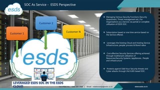SOC As Service - ESDS Perspective
Customer 1
Customer 2
Customer N
 Managing Various Security Functions (Security
Assessment, Threat management etc.) for
Organisations as a Service via partial or complete
utilization of ESDS SOC.
 Subscription based or one time service based on
the Service offered.
 Leverages the Existing Cloud and Hosting Service
Infrastructure, people, process & Brand value
 Cost effective Security Services offering achieved
through multitenant utilization of
Resources/Security Systems /appliances , People
and infrastructure
 Protects against Odd hour Security threats and
Cyber attacks through 24x7x365 based SOC.
 