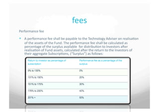 fees	
 
Performance	
 fee	
 	
 

  A	
 performance	
 fee	
 shall	
 be	
 payable	
 to	
 the	
 Technology	
 Adviser	
 on	
 realisa7on	
 
     of	
 the	
 assets	
 of	
 the	
 Fund.	
 The	
 performance	
 fee	
 shall	
 be	
 calculated	
 as	
 
     percentage	
 of	
 the	
 surplus	
 available	
 	
 for	
 distribu7on	
 to	
 Investors	
 aver	
 
     realisa7on	
 of	
 Fund	
 assets,	
 calculated	
 aver	
 the	
 return	
 to	
 the	
 Investors	
 of	
 
     their	
 aggregate	
 Subscrip7ons,	
 (“Surplus”)	
 as	
 follows:	
 
 