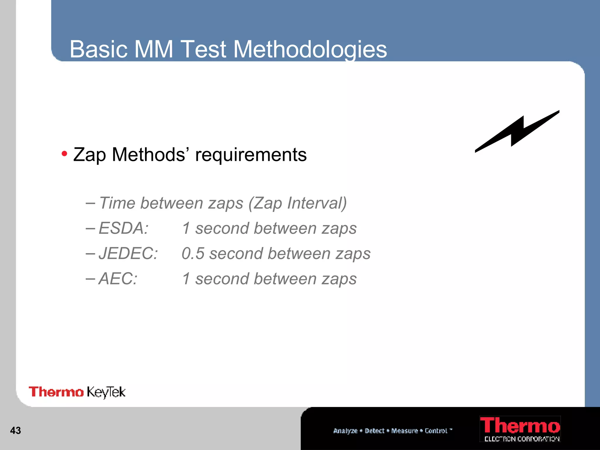 Basic MM Test Methodologies Zap Methods’ requirements Time between zaps (Zap Interval)  ESDA:  1 second between zaps JEDEC:  0.5 second between zaps AEC:  1 second between zaps 