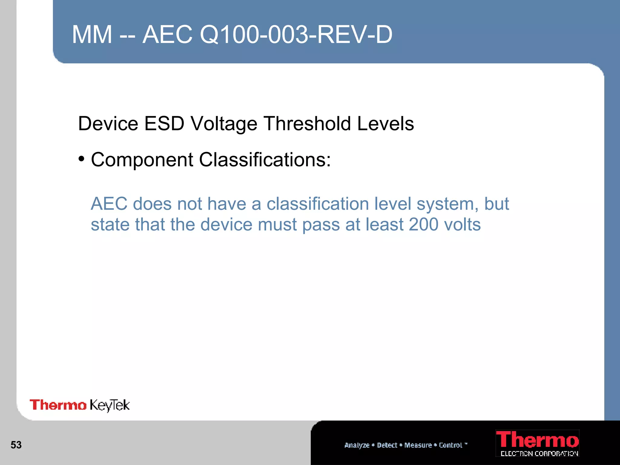 MM -- AEC Q100-003-REV-D Device ESD Voltage Threshold Levels  Component Classifications: AEC does not have a classification level system, but state that the device must pass at least 200 volts 